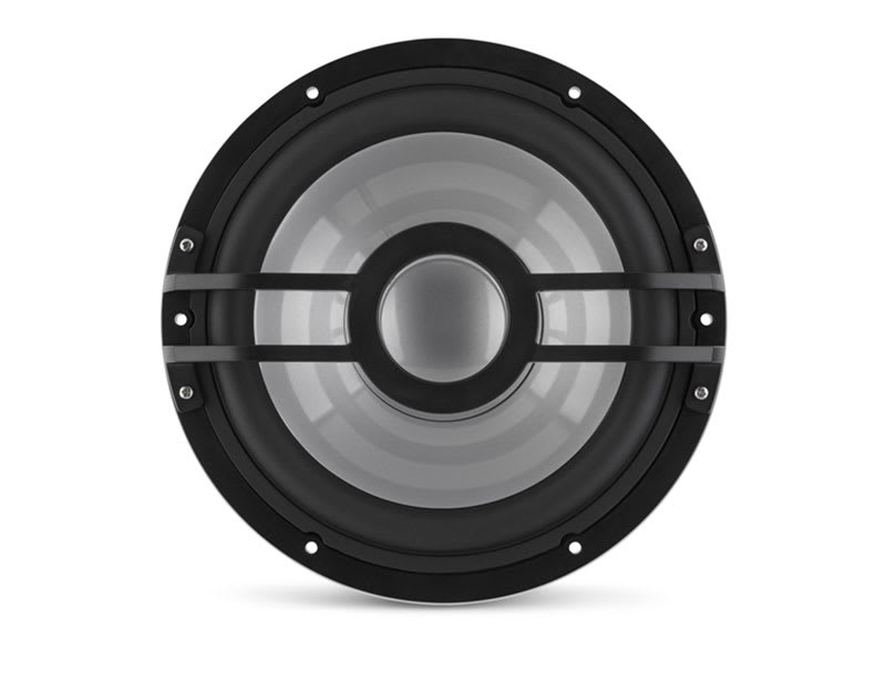 Clarion subwoofer with a silver cone, black surround and two horizontal bars across the center