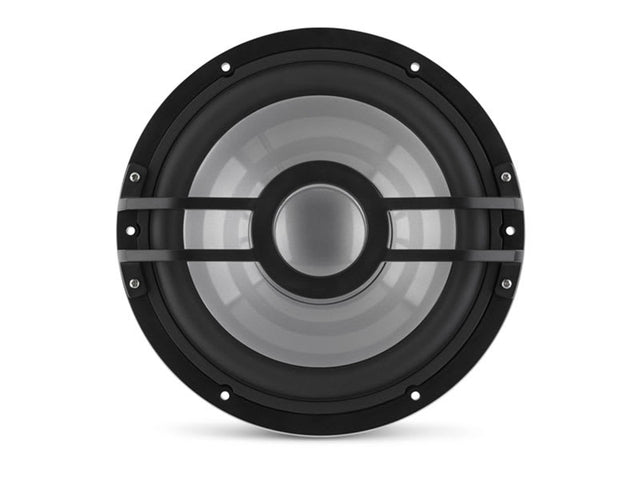Clarion subwoofer with a silver cone, black surround and two horizontal bars across the center