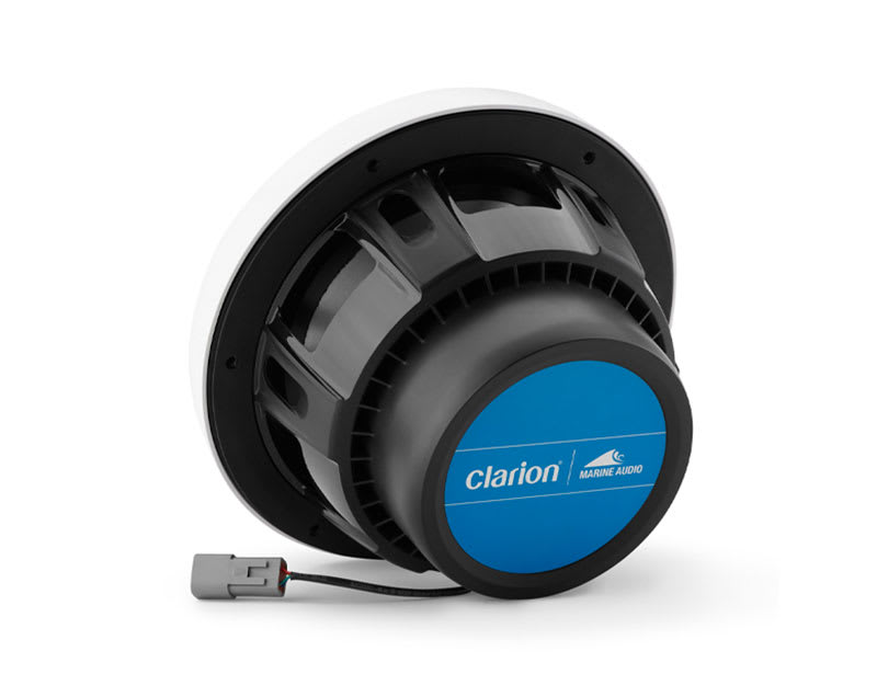 Rear-angle view of a Clarion marine subwoofer with blue magnet label and wired connector