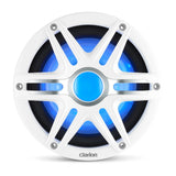 Clarion subwoofer with a white eight-spoke grille and blue illuminated cone
