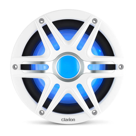 Clarion subwoofer with a white eight-spoke grille and blue illuminated cone
