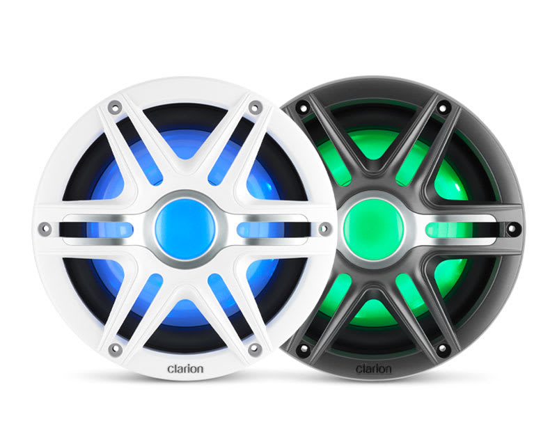 Two Clarion subwoofer appearance examples: a white grille with blue lighting and a gunmetal grille with green lighting