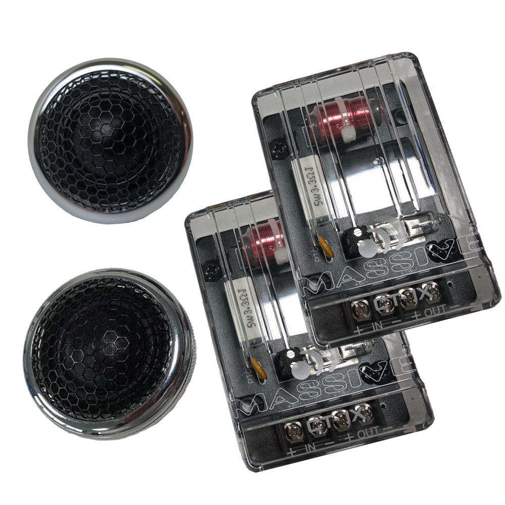 Two chrome-rimmed mesh tweeters beside two transparent Massive Audio crossover modules