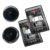 Two chrome-rimmed mesh tweeters beside two transparent Massive Audio crossover modules