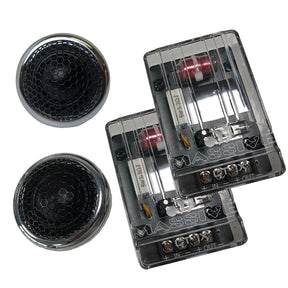 Two chrome-rimmed mesh tweeters beside two transparent Massive Audio crossover modules