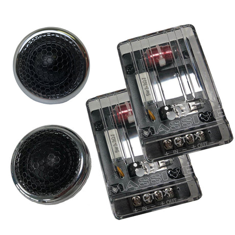 Two chrome-rimmed mesh tweeters beside two transparent Massive Audio crossover modules