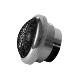 Side of a chrome-rimmed tweeter with a black mesh face and threaded rear body