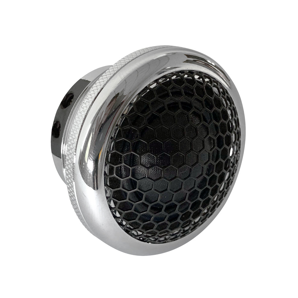 Close-up of one tweeter with a silver housing and black honeycomb grille