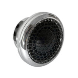 Close-up of one tweeter with a silver housing and black honeycomb grille
