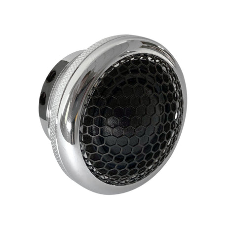 Close-up of one tweeter with a silver housing and black honeycomb grille