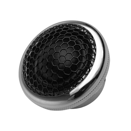 Angled front of a chrome-rimmed tweeter with black mesh over its dome
