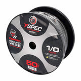 Black T-Spec cable spool with a label reading 1/0 AWG ground wire and 50 feet