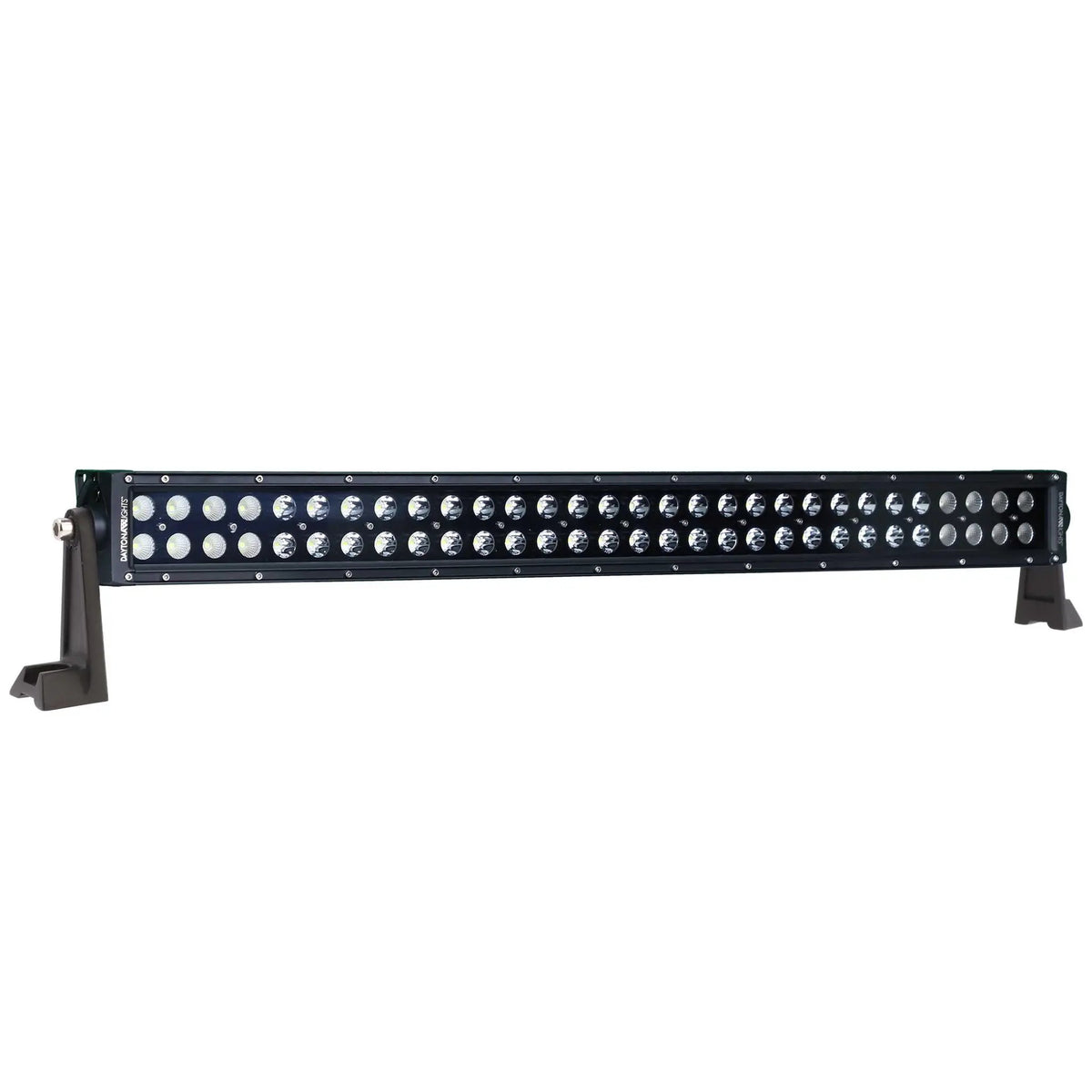 Angled front view of a straight black LED light bar with two rows of round lenses