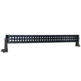 Angled front view of a straight black LED light bar with two rows of round lenses