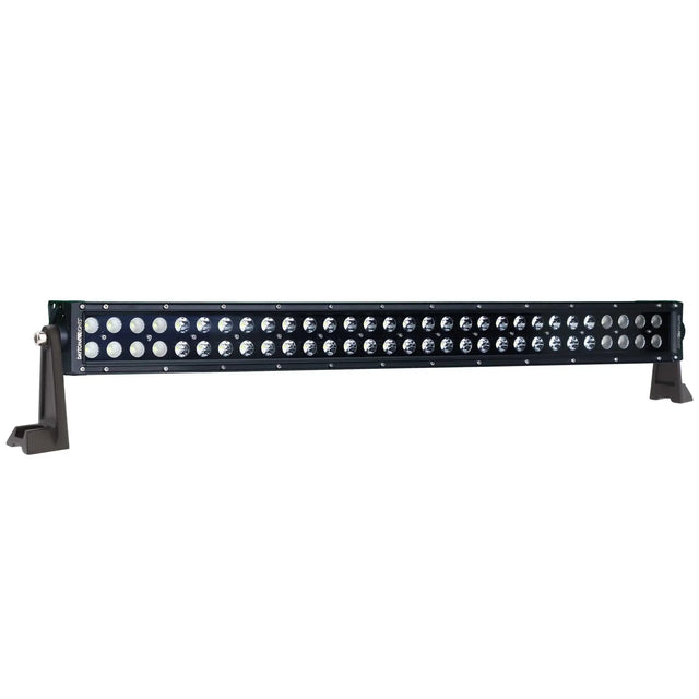 Angled front view of a straight black LED light bar with two rows of round lenses