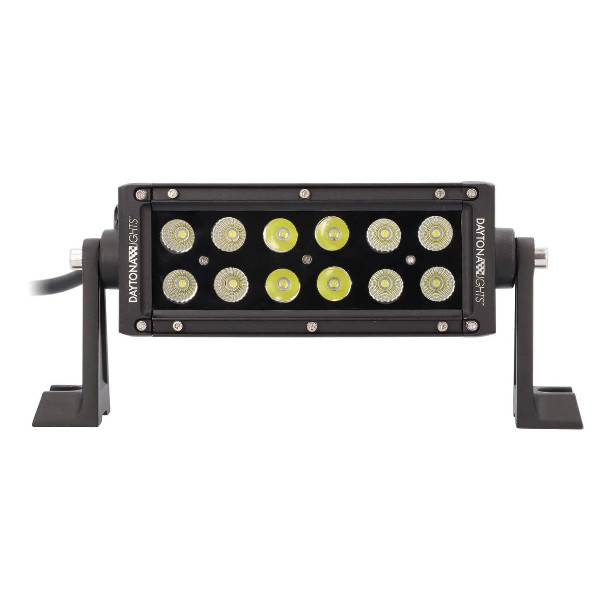 Front view of a short Daytona Lights LED light bar with twelve round lenses and side mounting feet