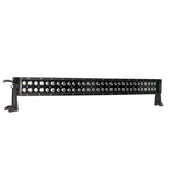 Angled front view of a curved black LED light bar with two rows of lenses and mounting feet