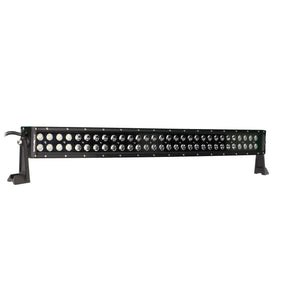 Angled front view of a curved black LED light bar with two rows of lenses and mounting feet