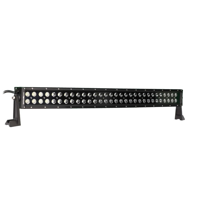 Angled front view of a curved black LED light bar with two rows of lenses and mounting feet