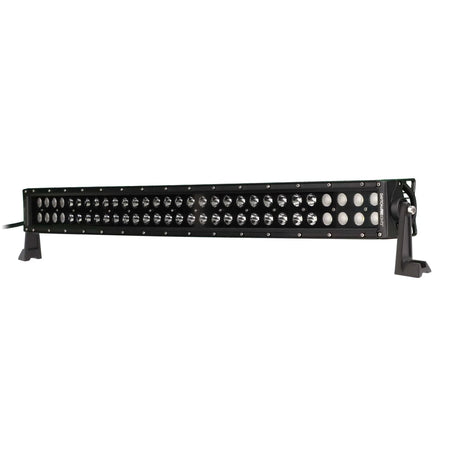 Opposite angled view of a curved black LED light bar with two rows of lenses