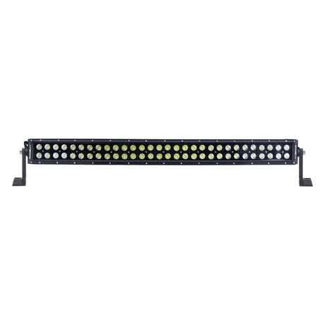 Straight-on view of a curved dual-row LED light bar with mounting feet at both ends