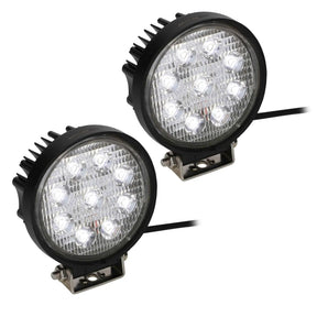 Pair of round nine-LED lamps with cooling fins and mounting brackets