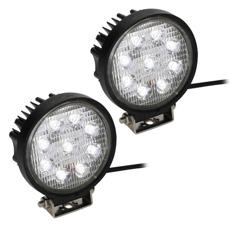 Pair of round nine-LED lamps with cooling fins and mounting brackets