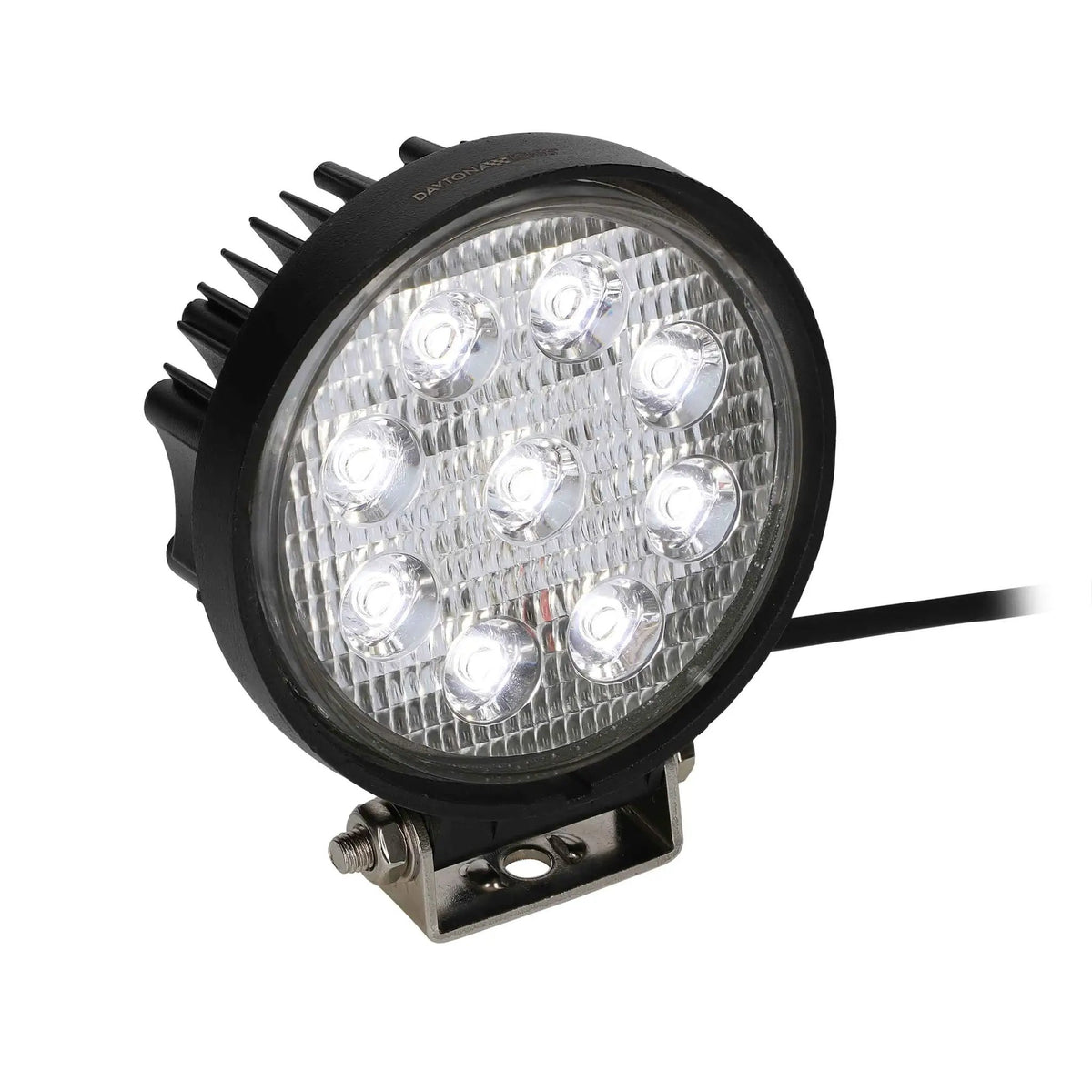 Single round Daytona Lights driving light with nine illuminated LEDs and a metal mounting bracket