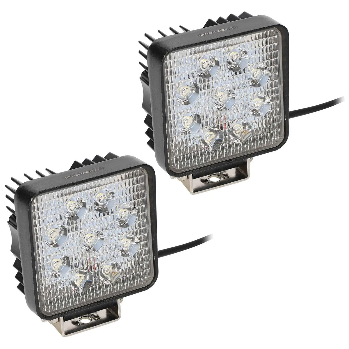 Pair of square driving lights with nine LEDs each, black finned housings and mounting brackets
