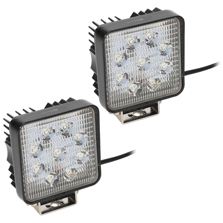 Pair of square driving lights with nine LEDs each, black finned housings and mounting brackets