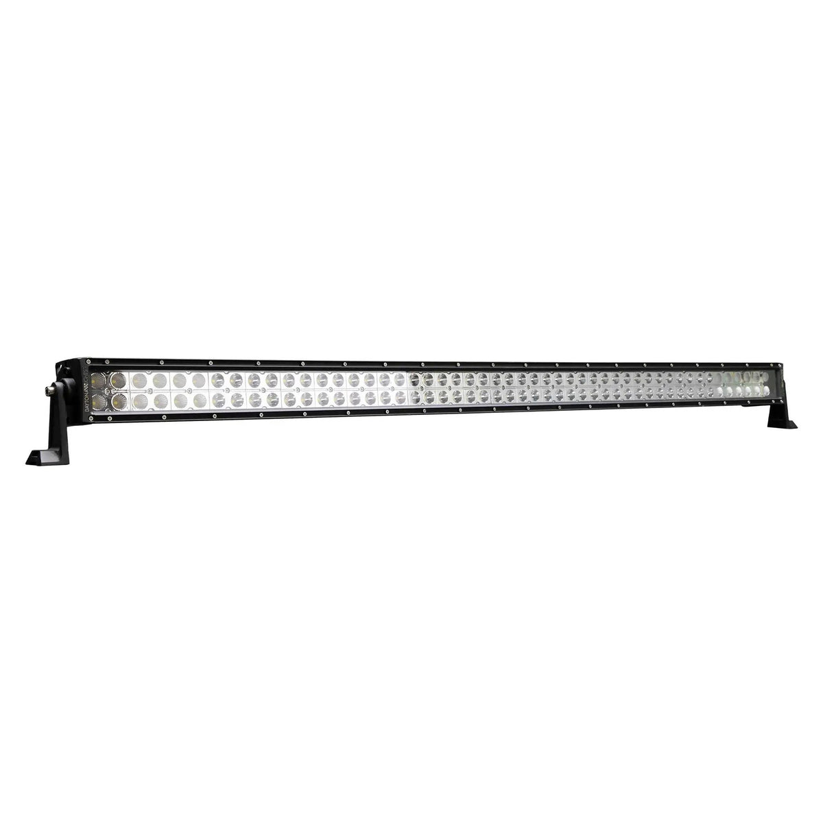 Long straight LED light bar with two rows of reflectors and mounting feet at both ends