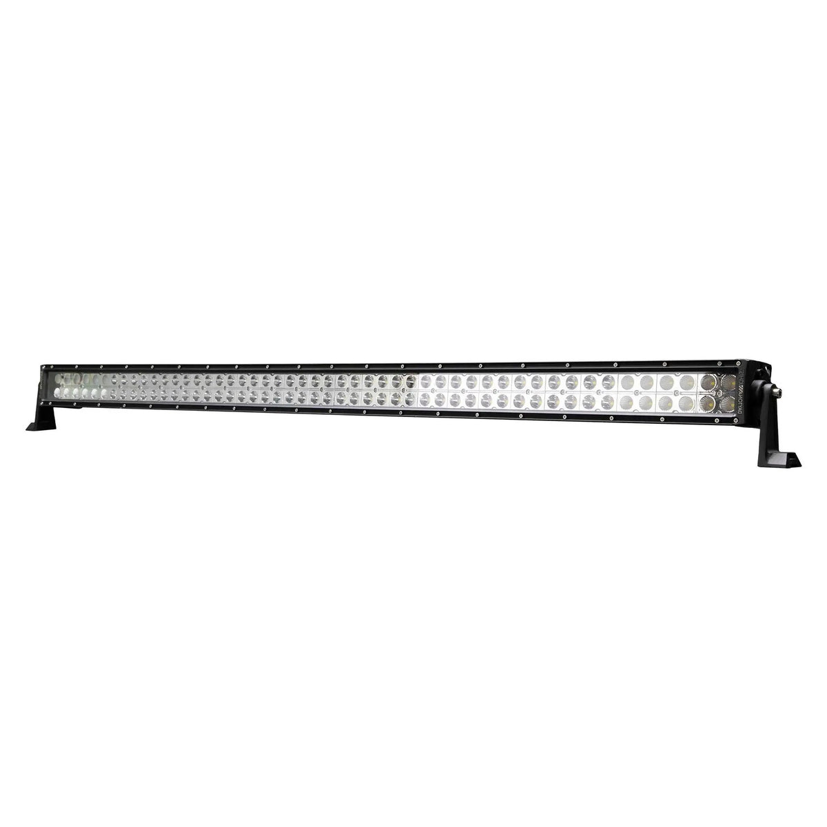 Long dual-row LED light bar viewed from the opposite end, with side mounting feet