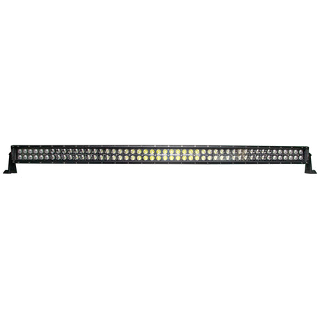 Front view of a long curved dual-row LED light bar with black housing and side mounting feet