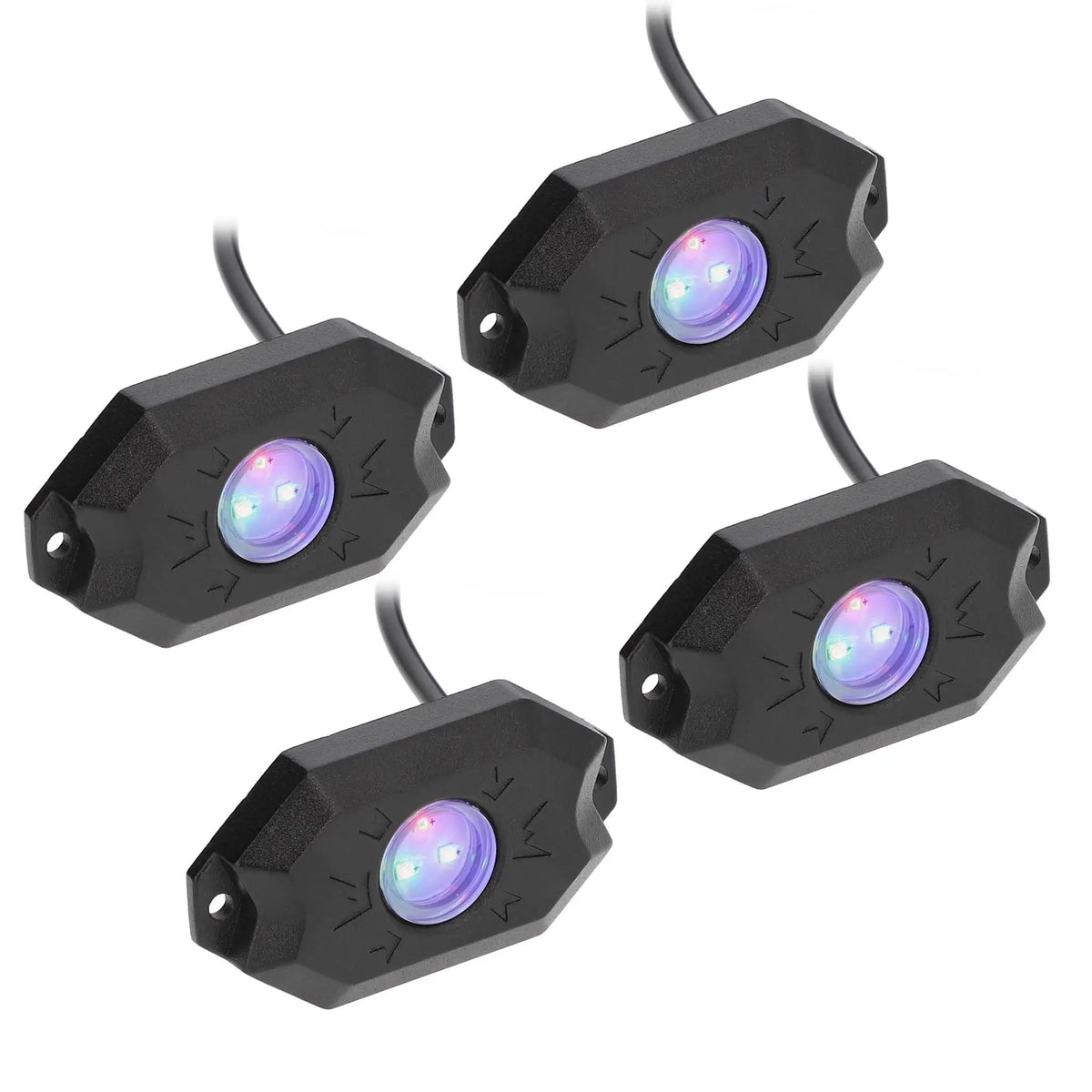 Four black rock-light pods with purple-lit lenses and attached leads