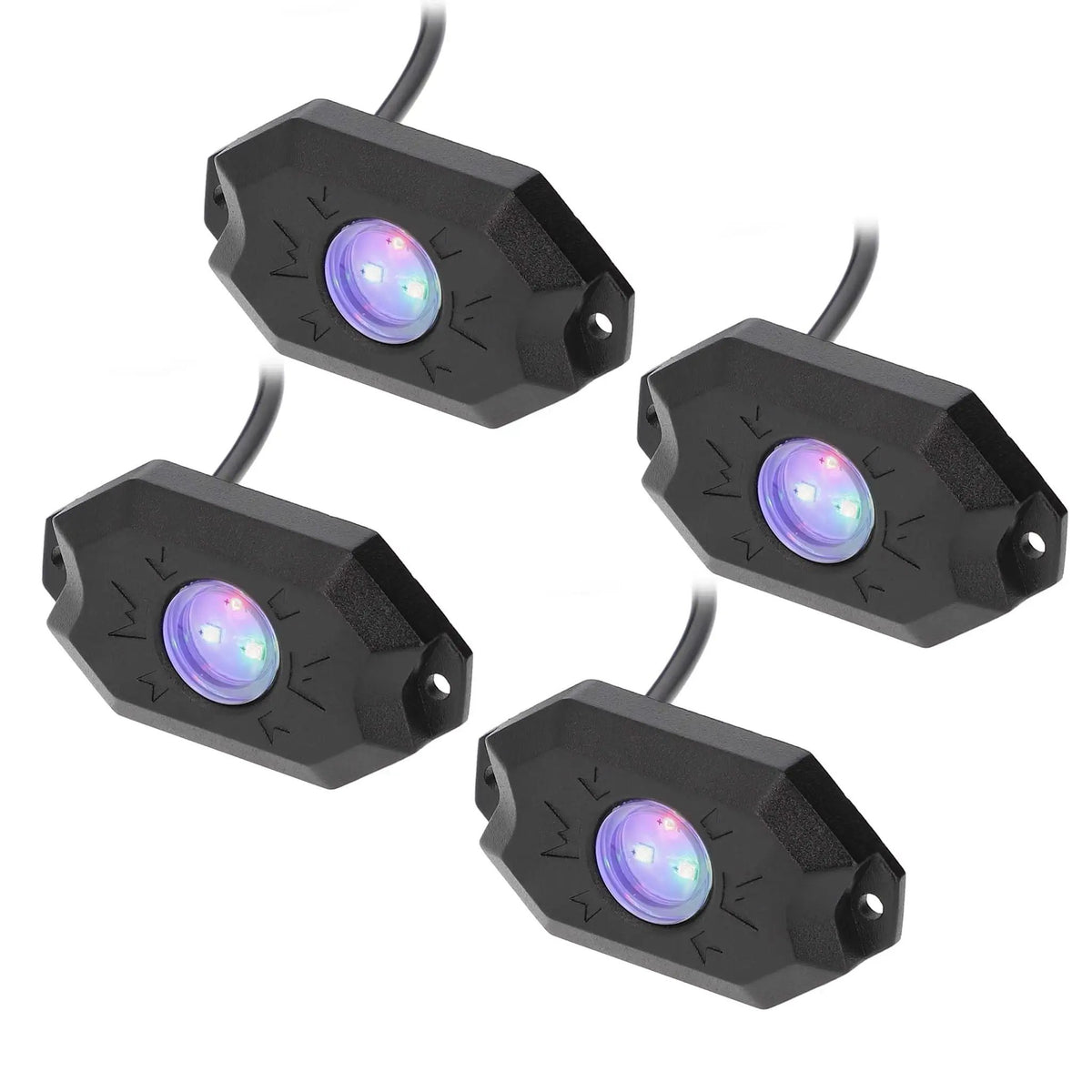 Four black rock-light pods glowing blue and purple