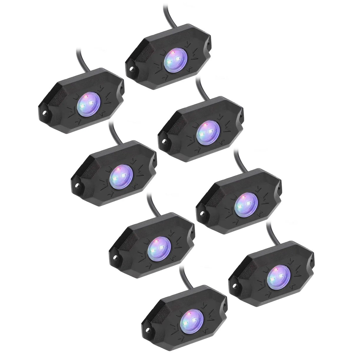 Eight black rock-light pods with purple-lit lenses and attached leads
