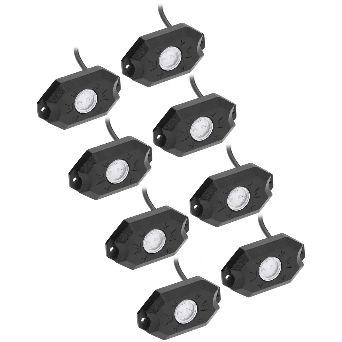 Eight black rock-light pods with circular lenses and wired leads
