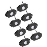 Eight black rock-light pods with circular lenses and wired leads