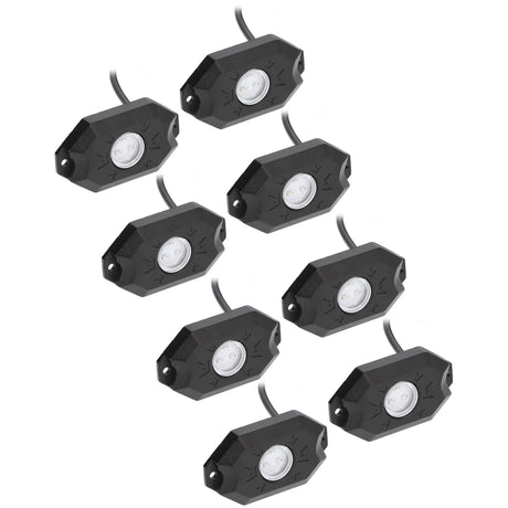 Eight black rock-light pods with circular lenses and wired leads
