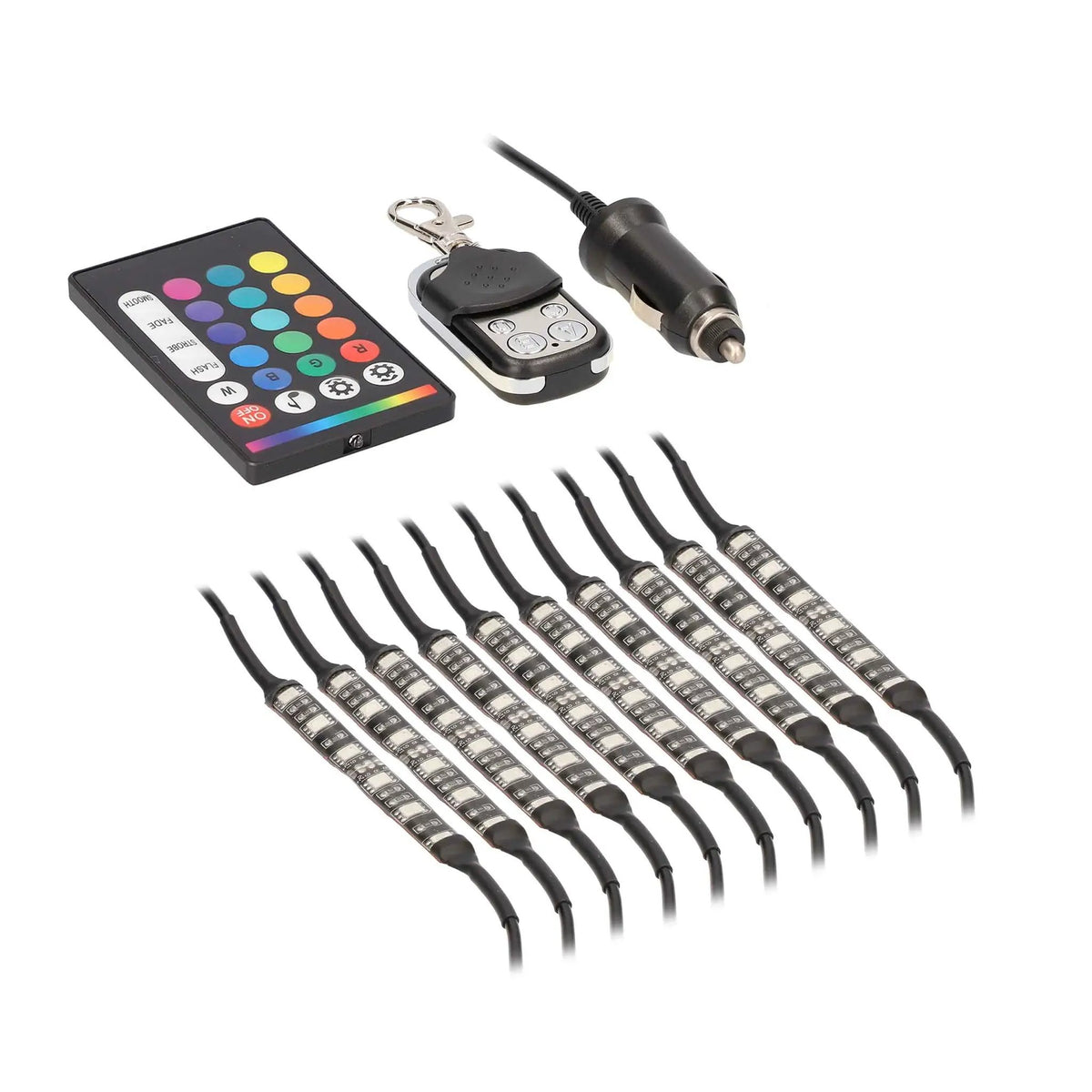 Ten LED strips with a multicolor-button remote, key-fob remote and vehicle power plug