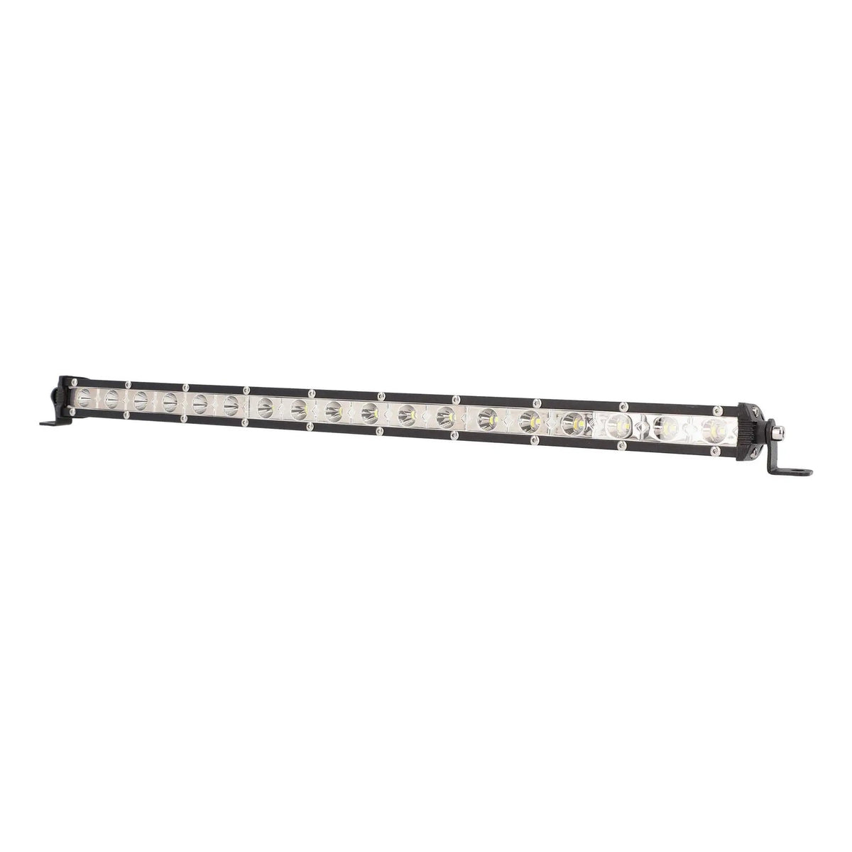 Slim single-row LED light bar with silver reflectors and mounting feet, angled view