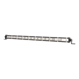 Slim single-row LED light bar with silver reflectors and mounting feet, angled view