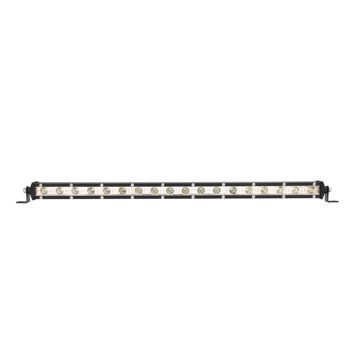 Slim single-row LED light bar with mounting feet, front view