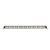 Slim single-row LED light bar with mounting feet, front view