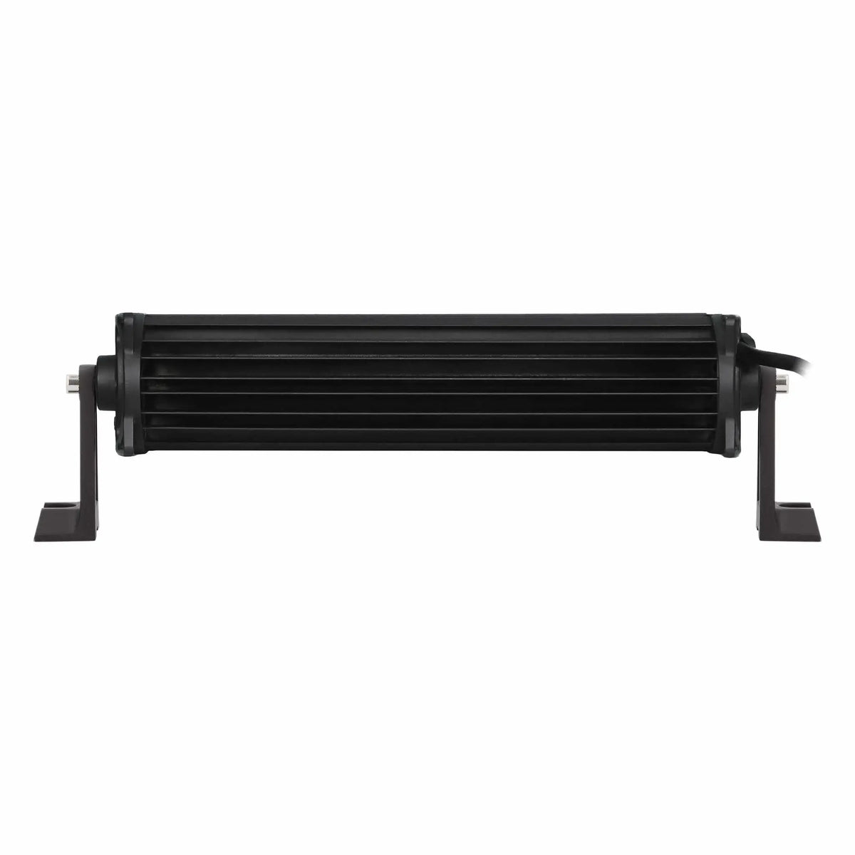 Rear view of a black light bar showing cooling fins and two mounting feet