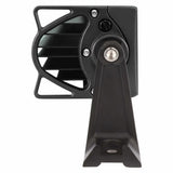 End view of a black light bar showing its finned housing, end cap and mounting bracket