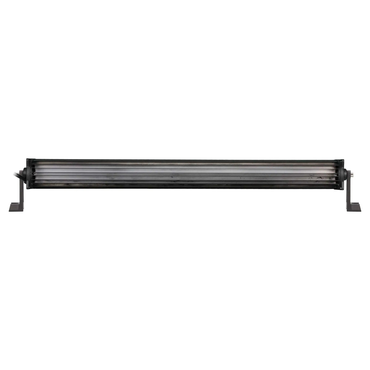Rear view of a straight LED light bar with finned housing and mounting feet