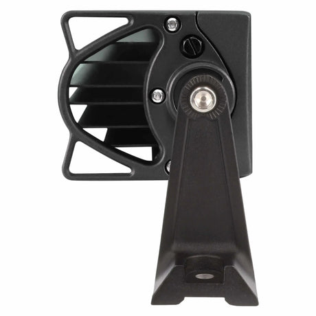 End view of a black light bar showing its finned housing, end cap and mounting bracket