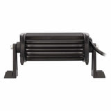 Rear view of a short black light bar with cooling fins, two mounting feet and a power cable