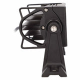 Angled end view of a short black light bar showing its rear fins and mounting bracket